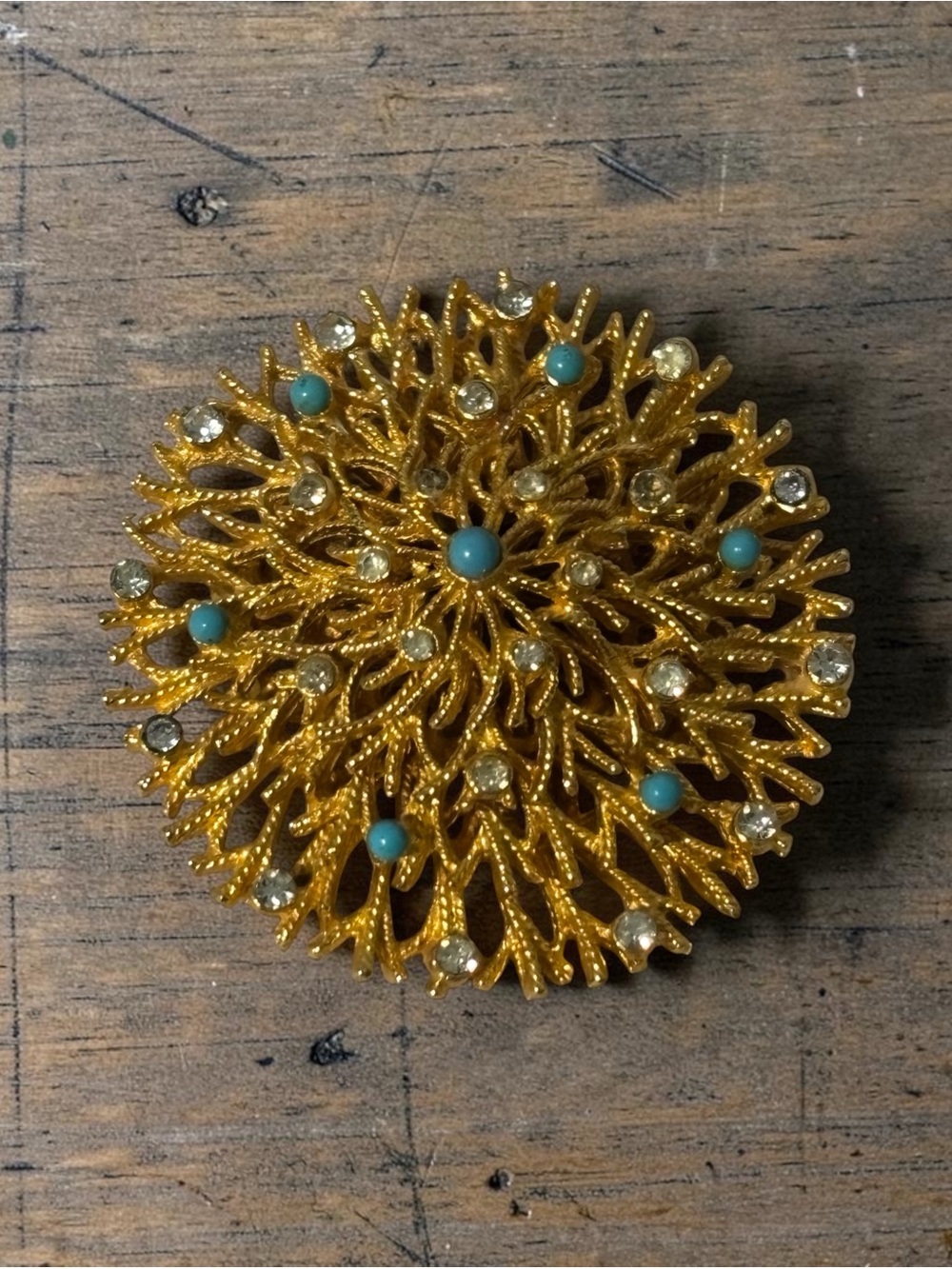 Corocraft Gold-Tone Floral Layered Brooch w/Crystal & Turquoise Accents 1-7/8”